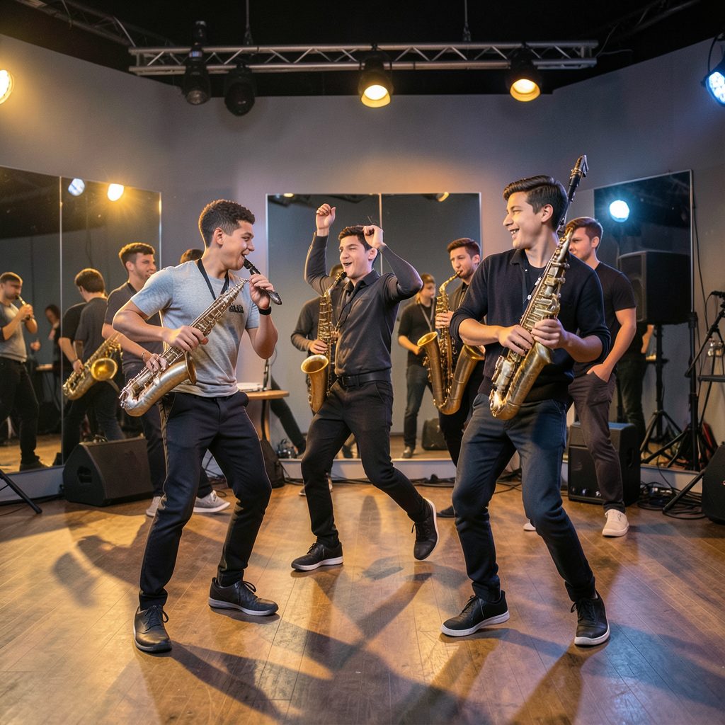 Adolescentes bailando jazz en estudio con espejos, energía juvenil, iluminación dinámica