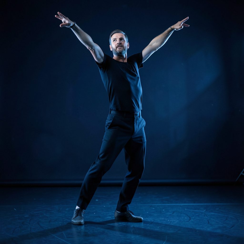 Bailarín adulto en pose de danza contemporánea, estudio con luz dramática, tonos azul profundo