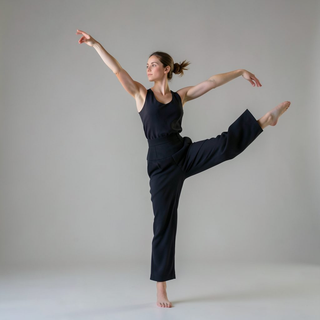 Bailarina en pose de danza contemporánea, vestida con ropa de ensayo oscura, fondo neutro con iluminación suave