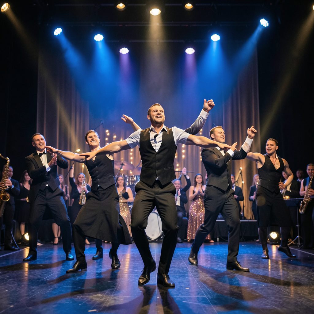 Bailarines en presentación de jazz, escenario con luces azules y doradas
