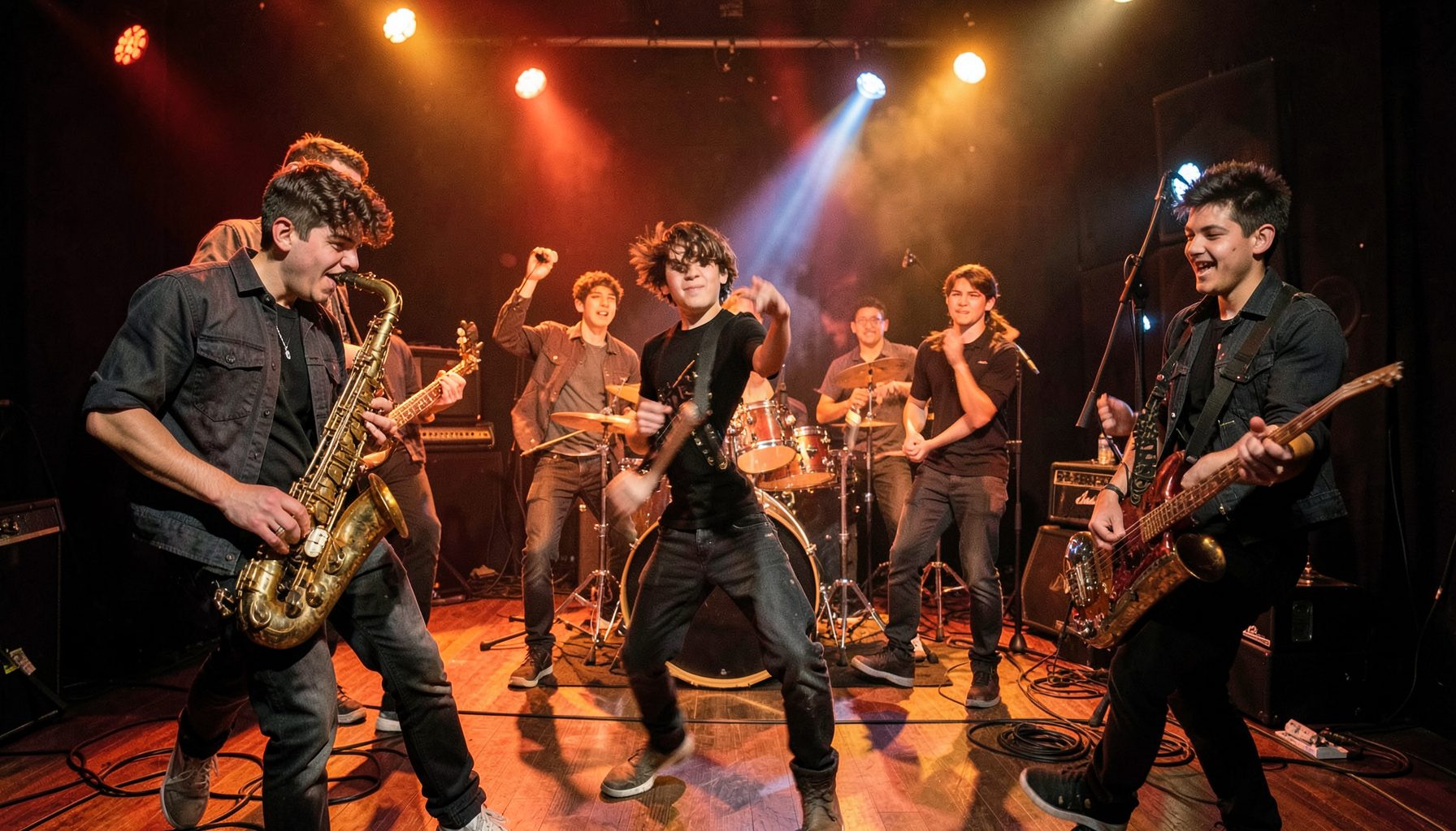 Clase de jazz funk con movimiento enérgico, estudio con luces cálidas, grupo juvenil