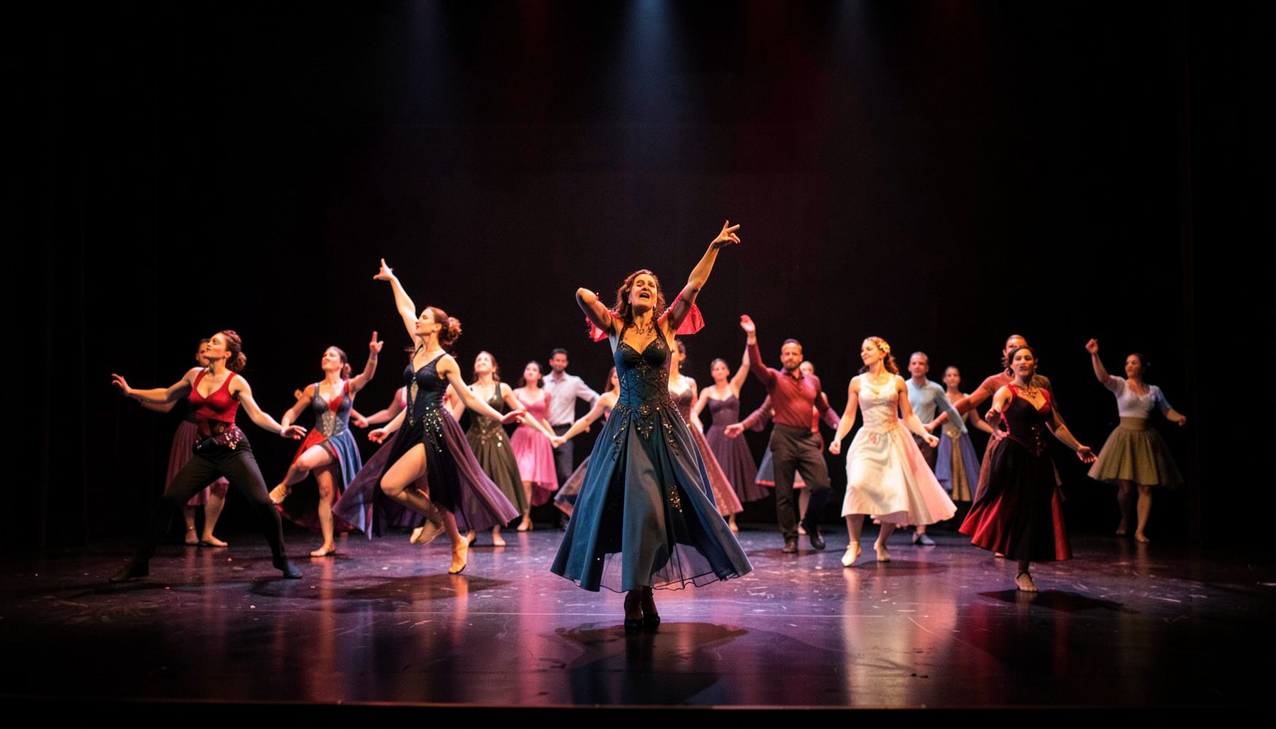 Compañía de danza en escena, coreografía grupal, iluminación teatral dramática
