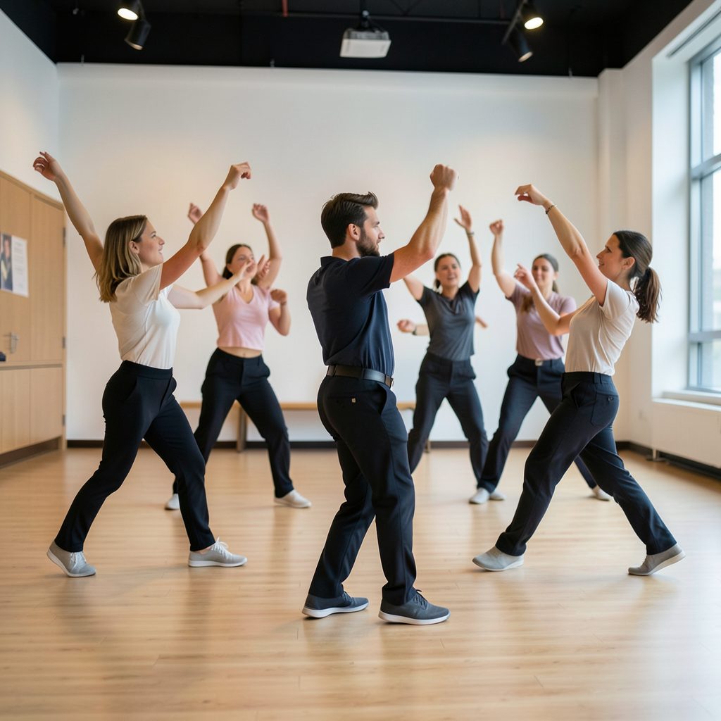 Coreografía grupal en ensayo, movimiento sincronizado, atmósfera profesional