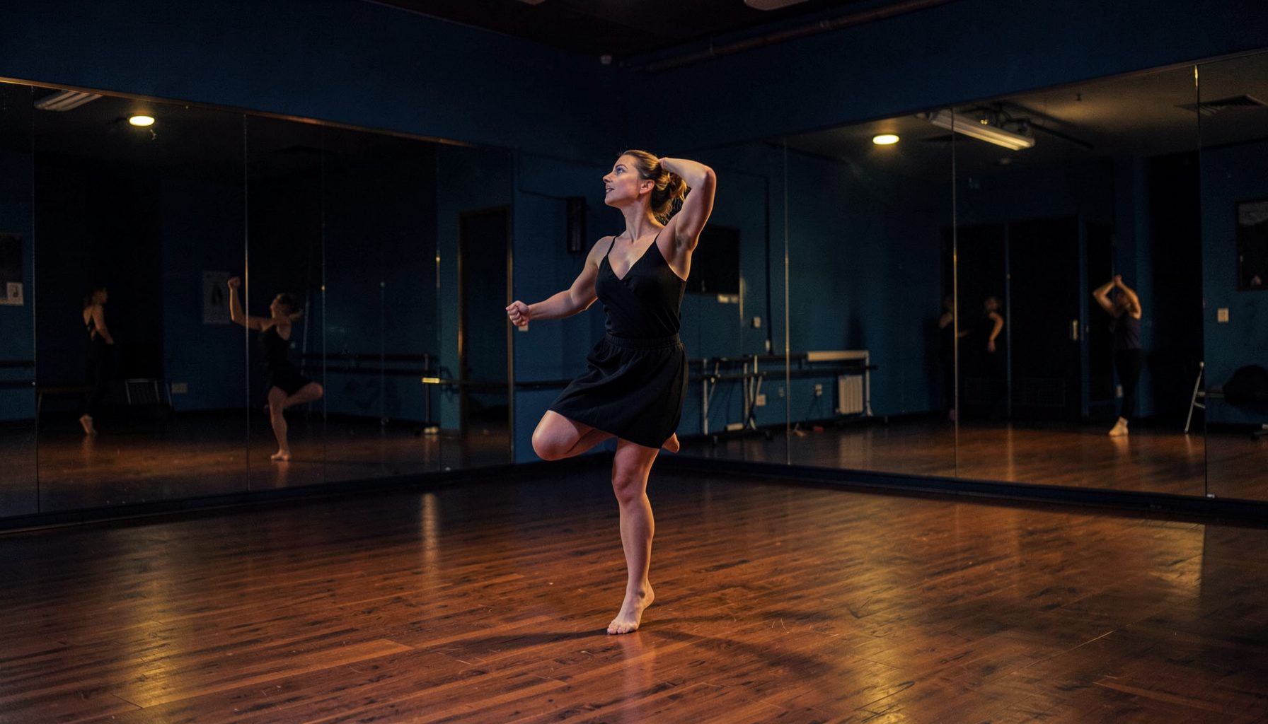 Estudio de danza con piso de madera, iluminación tenue y espejos amplios, en tonos azul profundo y dorado cálido