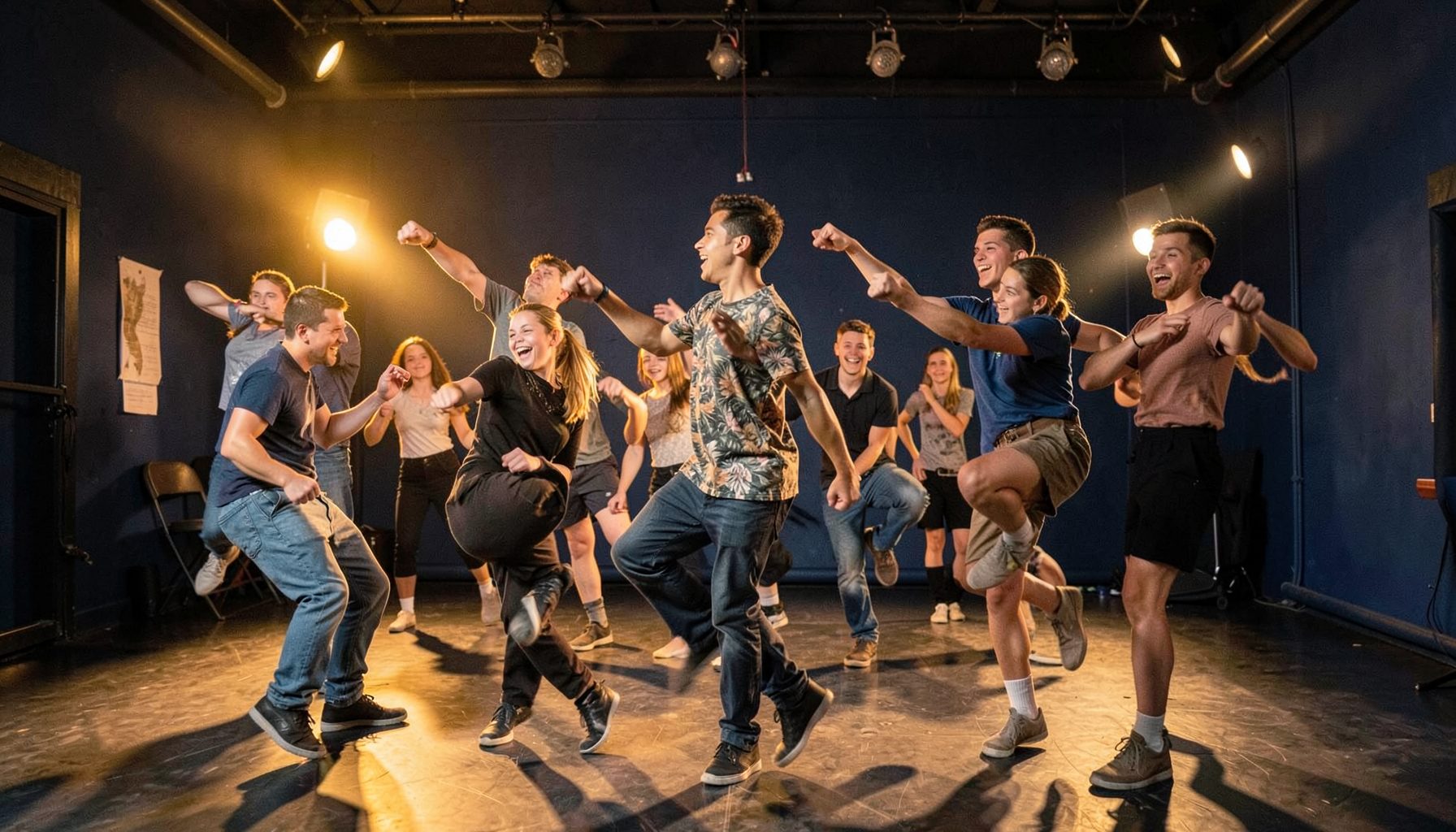 Grupo de bailarines jóvenes en movimiento dentro de un estudio con luces cálidas doradas y paredes en azul oscuro, ambiente enérgico y alegre