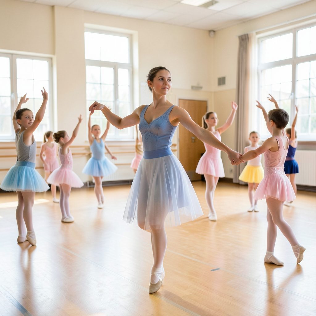 Maestra de danza guiando a alumnos en clase de ballet, estudio luminoso