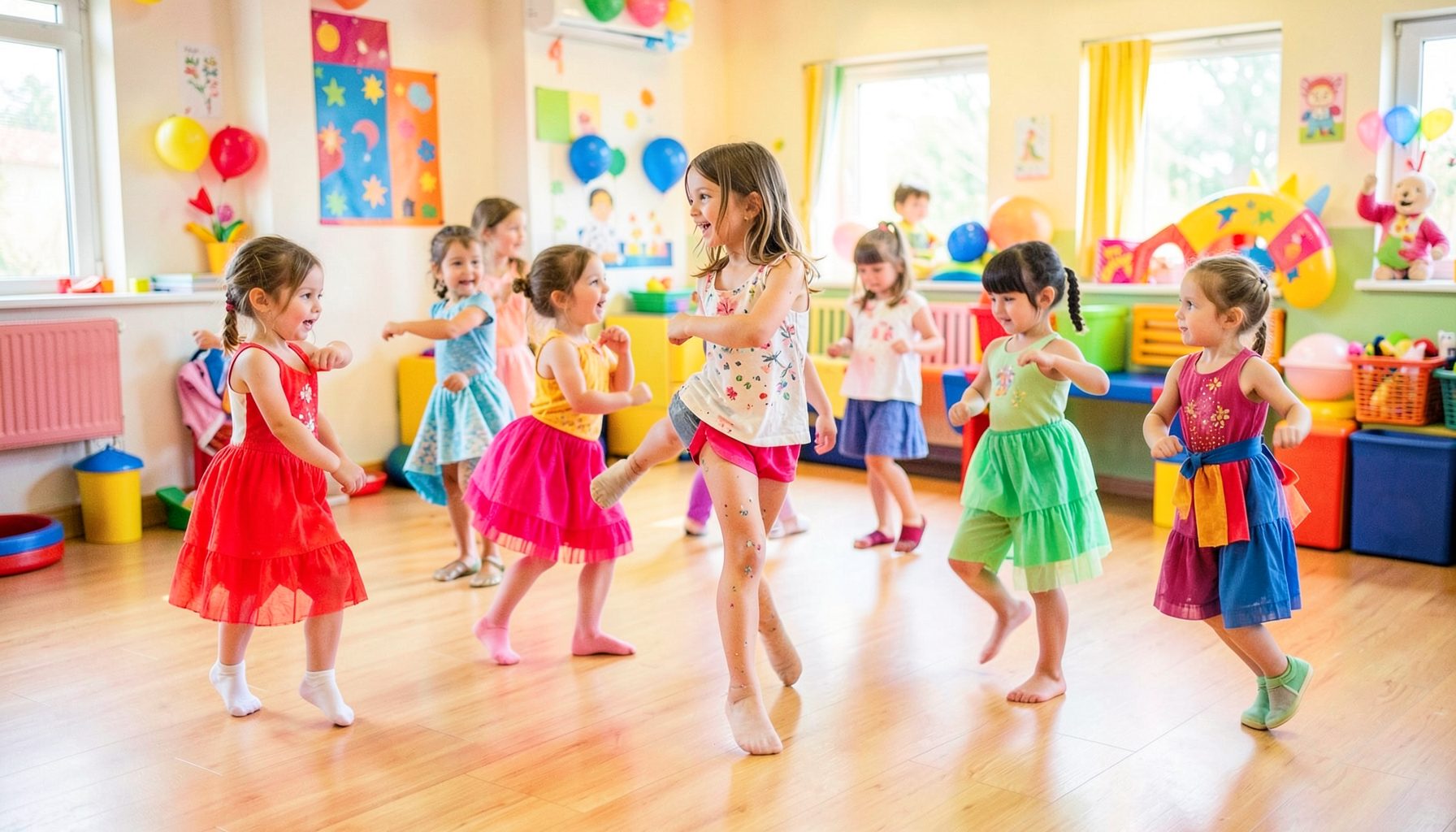 Niños en clase de baile infantil, colores vibrantes, ambiente lúdico y divertido