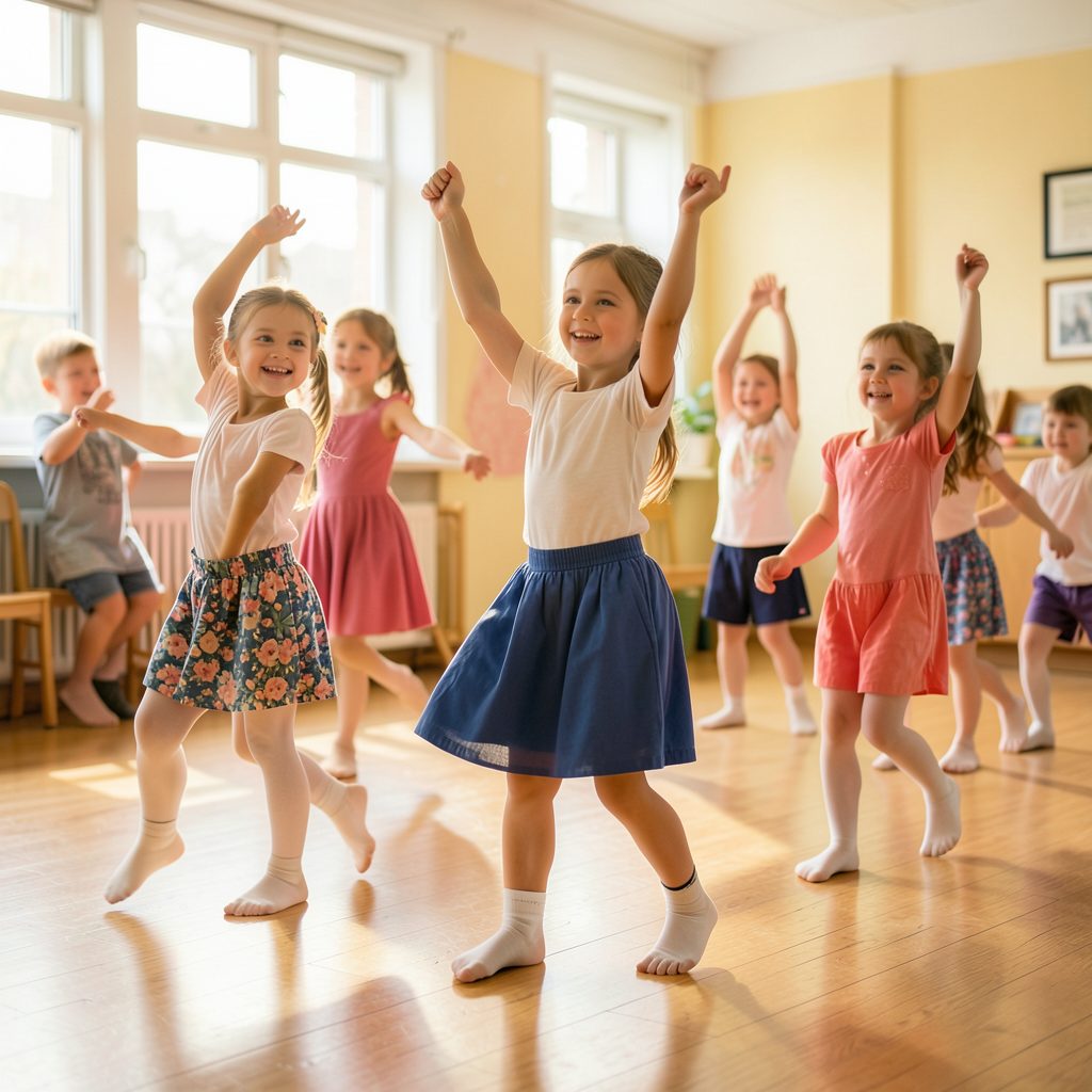 Niños en clase de danza con movimiento alegre, luz natural suave, tonos cálidos