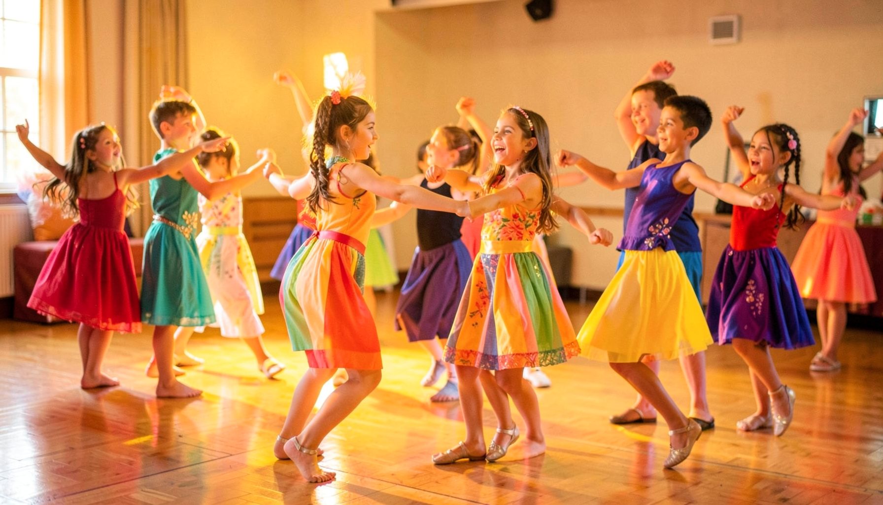 Niños y niñas bailando en un salón de danza con luz cálida, vistiendo ropa de ensayo colorida, en un ambiente alegre y dinámico