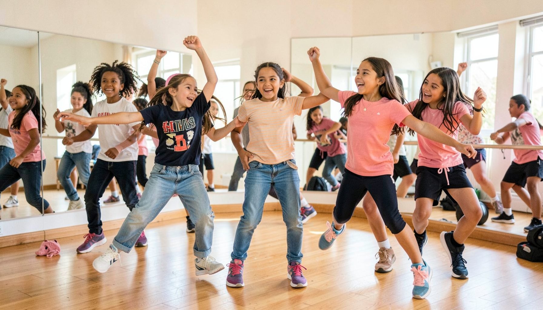 Niños y niñas bailando hip hop con actitud divertida, fondo de salón con espejos y luz natural