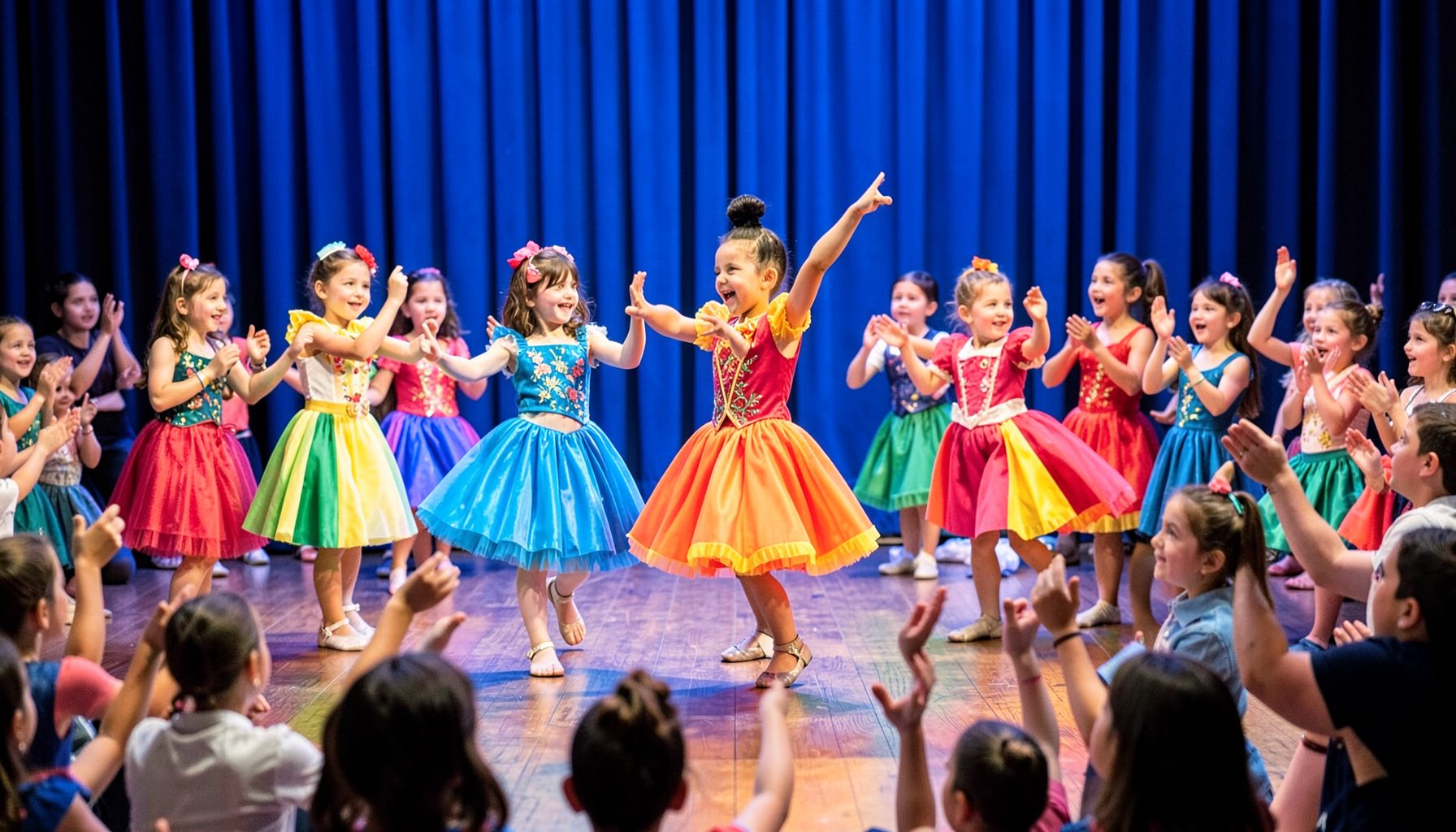 Presentación de danza infantil con vestuario de colores vivos, telón de fondo azul y aplausos del público